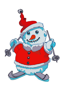 Pupazzo di neve vestito da Babbo Natale su sci