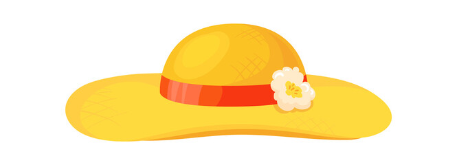 Cartoon straw hat. Yellow sunhat, female elegant clothes, vector illustration