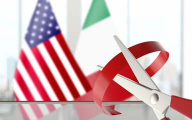 Flags are Paired at Background While Scissors is Cutting Ribbon