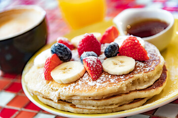 Belgian pancakes served with fruits and maple syrup