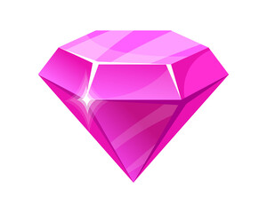Game jewelry gem. Raspberry fantasy brilliant, hexagonal piece of rock, cartoon vector illustration, icon