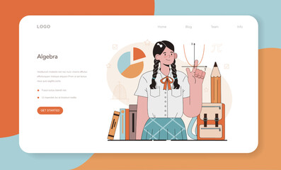 Math school subject web banner or landing page. Students studying