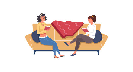 Girlfriends with books on couch. Home reading book, vector illustration