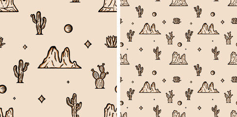 Western Cactus Mountains Vector Seamless Pattern Illustration Desert Arizona Cowboy - obrazy, fototapety, plakaty