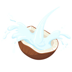 Obraz na płótnie Canvas Half Coconut . Vector coco palm nut fruit with milk creamy splashes for fresh tropical drink yogurt or beauty cosmetic, cartoon design illustration