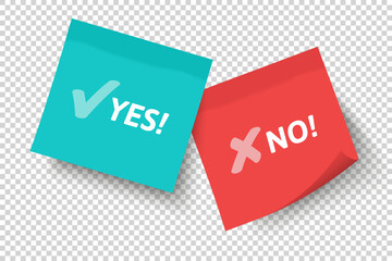 Yellow and green square stickers with white written words YES and No over transparent background. Making choice between two options. Right and wrong decision. Question message. - 528691335