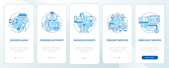 Business banking blue onboarding mobile app screen. Commerce walkthrough 5 steps editable graphic instructions with linear concepts. UI, UX, GUI template. Myriad Pro-Bold, Regular fonts used