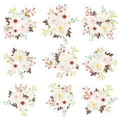 Fototapeta na wymiar Set of Watercolor White Rustic Flower Bouquet
