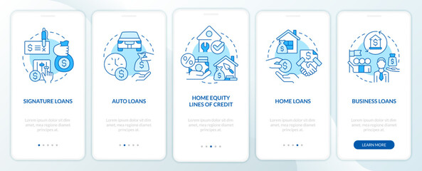 Fototapeta na wymiar Loans types blue onboarding mobile app screen. Banking service walkthrough 5 steps editable graphic instructions with linear concepts. UI, UX, GUI template. Myriad Pro-Bold, Regular fonts used