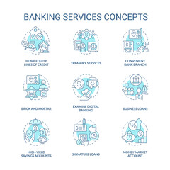 Banking services turquoise concept icons set. Financial operations. Money protection idea thin line color illustrations. Isolated symbols. Editable stroke. Roboto-Medium, Myriad Pro-Bold fonts used