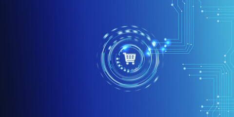 Shopping Cart Symbol is Shining In A Futuristic HUD Against Blue