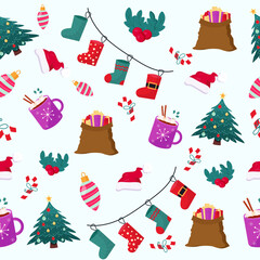 Seamless Christmas pattern with gifts and a Christmas tree. Vector illustration