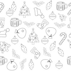 Seamless Christmas pattern with decoration outline. Vector illustration