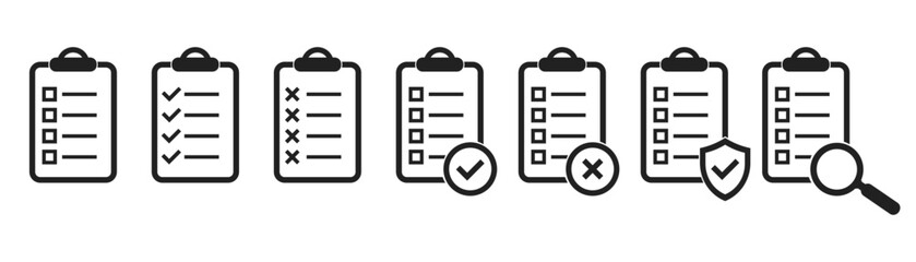 Checklist or document on the clipboard .Clip board with checkmark cross , text and magnifying glass.   Set of check list sign outline isolated on white background. Vector icon .