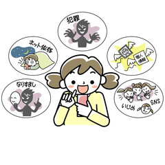 スマホの危険性に気づかずに笑顔でスマホを操作する女の子の上半身