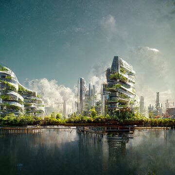 Panoramic view of futuristic morden city skyline. Clean energy with nature in urban environment. Day scene. Cinematic lightning, photo realistic rendering.
