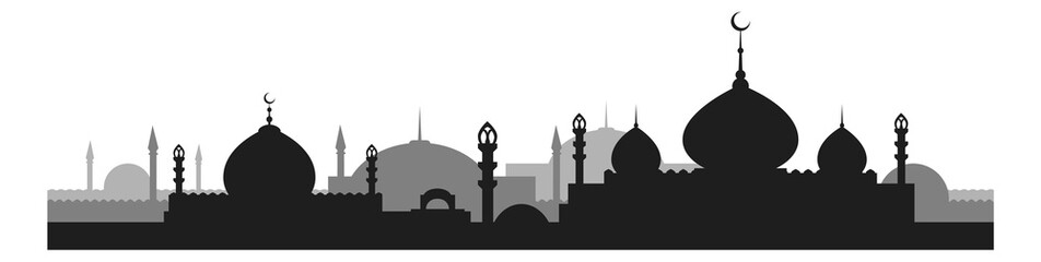 Urban eastern scene. Arabic cityscape with mosque silhouette