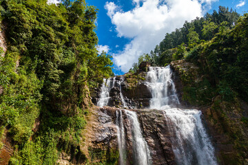 Fototapeta na wymiar Grandiose unusually beautiful waterfall in the green jungle of the island of Sri Lanka. Photographed at close range