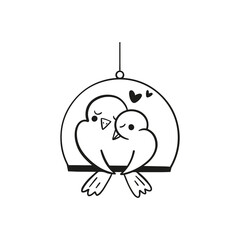 Illustration with doves in love on the perch for decoration design. Peace symbol. Vector background. 