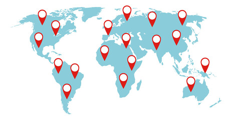 World map with geo pin tags. Global infographics template © vectortatu