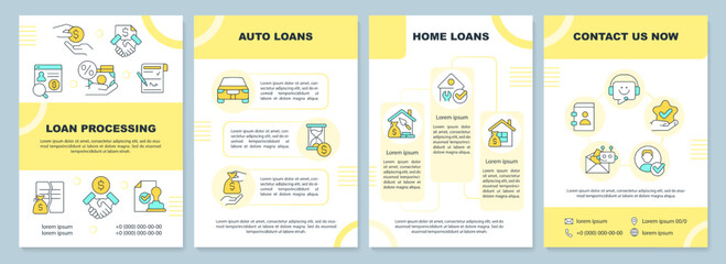 Loans yellow brochure template. Banking service. Leaflet design with linear icons. Editable 4 vector layouts for presentation, annual reports. Arial-Black, Myriad Pro-Regular fonts used