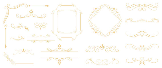 Luxury gold ornate invitation vector set. Collection of ornamental curls, dividers, border, frame, corner, components. Set of elegant design for wedding, menus, certificates, logo design, branding.