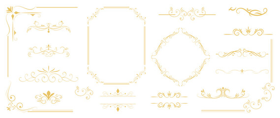 Luxury gold ornate invitation vector set. Collection of ornamental curls, dividers, border, frame, corner, components. Set of elegant design for wedding, menus, certificates, logo design, branding.