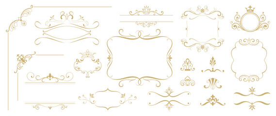 Luxury gold ornate invitation vector set. Collection of ornamental crown, dividers, border, frame, corner, components. Set of elegant design for wedding, menus, certificates, logo design, branding.