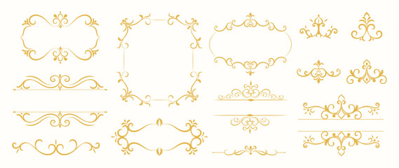 Luxury gold ornate invitation vector set. Collection of ornamental curls, dividers, border, frame, corner, components. Set of elegant design for wedding, menus, certificates, logo design, branding.