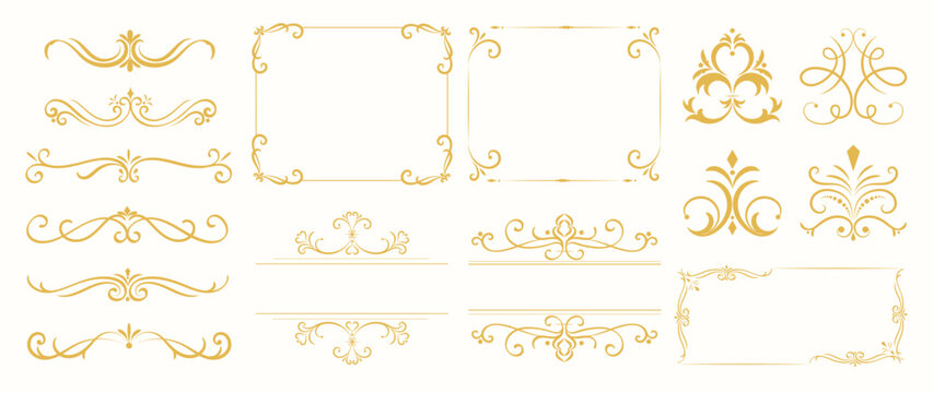 Luxury gold ornate invitation vector set. Collection of ornamental curls, dividers, border, frame, corner, components. Set of elegant design for wedding, menus, certificates, logo design, branding.