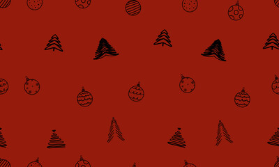 Christmas trees and Christmas decorations on a red background seamless pattern