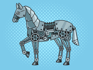 mechanical robot horse steampunk machine pop art retro vector illustration. Comic book style imitation.