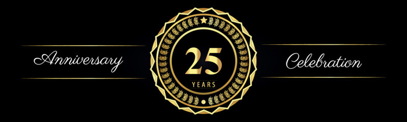 25 years anniversary celebration logotype with gold star frames, number, and flowers on black background. Premium design for marriage, banner, event party, happy birthday, greetings card, jubilee.