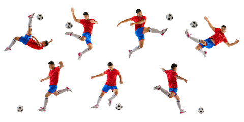 Portrait of young man, football player training, playing, isolated over white studio background. Collage
