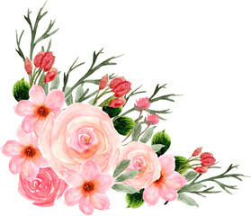 Red Pink Bouquet Of Watercolor Flowers