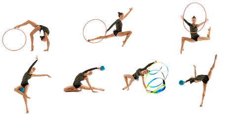 Portrait of young, professional female rhythmic gymnast training, performing isolated over white studio background. Collage