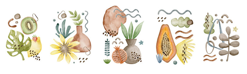 Set of watercolor abstract illustrations for art cards, brochure covers, invitations, wallpapers, canvas prints and posters. Modern backgroun.