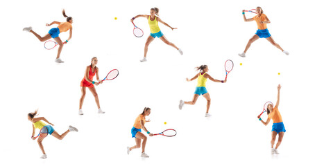 Portrait of young sportive woman, professional tennis player training isolated over white studio background. Collage