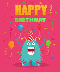 Happy birthday gift card with cute color monster. cartoon illustration. Invitation postcard