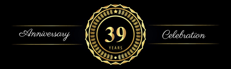 39 years anniversary celebration logotype with gold star frames, number, and flowers on black background. Premium design for marriage, banner, event party, happy birthday, greetings card, jubilee.