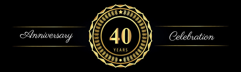 40 years anniversary celebration logotype with gold star frames, number, and flowers on black background. Premium design for marriage, banner, event party, happy birthday, greetings card, jubilee.