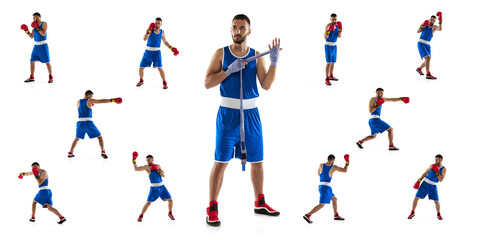 Collage. Professional male boxer training, fighting isolated over white studio background.