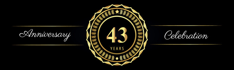 43 years anniversary celebration logotype with gold star frames, number, and flowers on black background. Premium design for marriage, banner, event party, happy birthday, greetings card, jubilee.