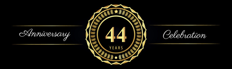 44 years anniversary celebration logotype with gold star frames, number, and flowers on black background. Premium design for marriage, banner, event party, happy birthday, greetings card, jubilee.