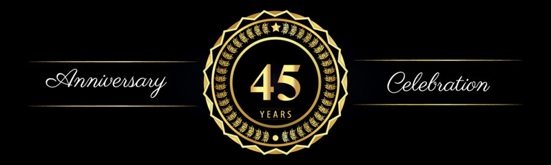 Fototapeta premium 45 years anniversary celebration logotype with gold star frames, number, and flowers on black background. Premium design for marriage, banner, event party, happy birthday, greetings card, jubilee.