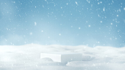 Christmas and new year winter holiday concept. Minimal white podium with snowfall on snow background, 3d rendering.