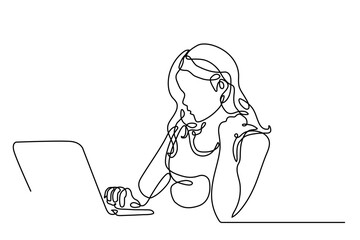 Continuous line, drawing of business women sitting and communicating through computer. Modern minimalist technology vector illustration