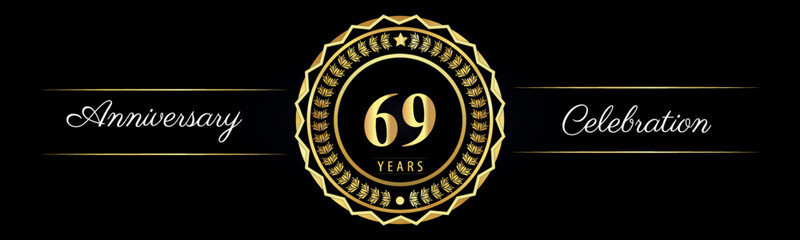 Fototapeta premium 69 years anniversary celebration logotype with gold star frames, number, and flowers on black background. Premium design for marriage, banner, event party, happy birthday, greetings card, jubilee.