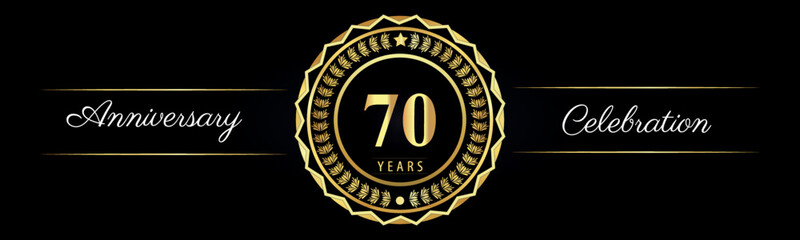 70 years anniversary celebration logotype with gold star frames, number, and flowers on black background. Premium design for marriage, banner, event party, happy birthday, greetings card, jubilee.