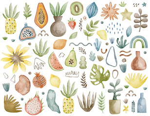 Fototapeta premium Set of watercolor abstract illustrations, fruits, plants, rainbow, modern elements isolated on white background.